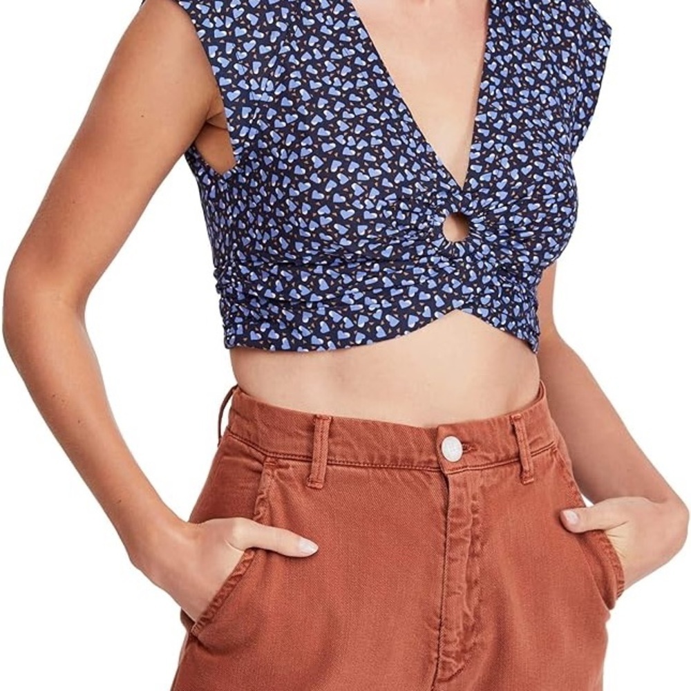 Free People Womens Havana Honey V-Neck Woven Crop Top